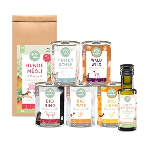 naftie Bio & Premium Hundefutter Schnupperbox Pur zum Mischen - Reinfleischdosen Plus Bio-Flocken und Bio-Öl für Hunde - getreidefrei, glutenfrei von naftie