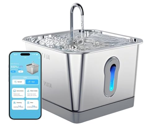Katze/Hund Wasserspender, 3,637.5 ml/3L Katze Haustier Trinknapf mit Wasserstandsfenster, Automatischer Katzen-Wasserspender mit Ersatzfilter, App-Steuerung (Silber-Edelstahl)-nalanlpati von nalnalpeti