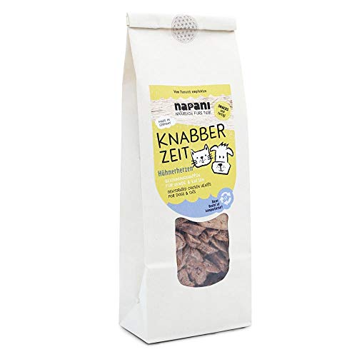 Knabber Zeit: Getrocknete Belohnungshappen für Hund & Katze (Hühnerherzen, 150g) von napani