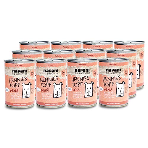 Purinarmes Bio Hundefutter Hennies Topf mit Huhn, Naturreis & Süßkartoffeln - Hunde Nassfutter im Menü 12 x 400g Dosenfutter - Premium Hundefutter aus Bayern von napani