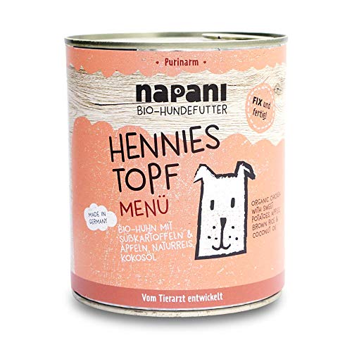 Purinarmes Bio Hundefutter Hennies Topf mit Huhn, Naturreis & Süßkartoffeln - Hunde Nassfutter im Menü 800g Dosenfutter - Premium Hundefutter aus Bayern von napani