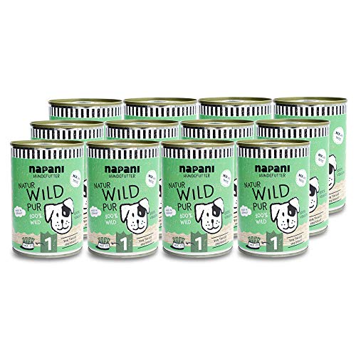 napani - Premium Hundefutter nass, 100% Wildfleisch, glutenfreies, getreidefreies Nassfutter aus der Dose, Barf-Fleisch, schonend dampfgegart, artgerecht, 12 x 400g von napani