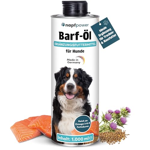 napfpower Barf Öl für Hunde (1 Liter) – Reich an Omega 3-6-9 Fettsäuren aus Lachsöl, Leinöl, Hanföl, Borretschöl & Mariendistelöl – Hochwertiges Futteröl & Barf-Zusatz – Auch als Topping geeignet von napfpower