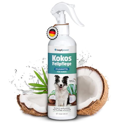 napfpower Fellpflege Hund mit Kokosduft (250 ml) – Entfilzungsspray & Fellglanzspray für einfache Kämmbarkeit – Fellspray für EIN staubfreies Hundefell - Entwirrt verknotetes Fell & pflegt sanft von napfpower