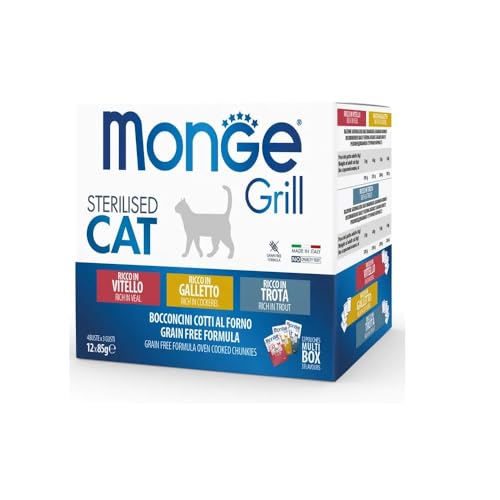 Monge Grill STERILISED Multipack with COCKEREL, Trout, Veal, Nassfutter für Katzen (Katzenfutter Multipack mit Hähnchen, Forelle, Kalbfleisch, vitaminreich, getreidefrei, gut verdaulich, 85 g) von napz