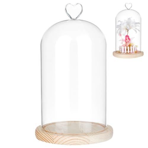 NBEADS Glaskuppel in Herzform, 14 x 24 cm, Glockenglas mit Holzsockel, dekorative Vitrine für Pflanzen, Blumen, Weihnachtsdekoration, Navajo-Weiß von nbeads