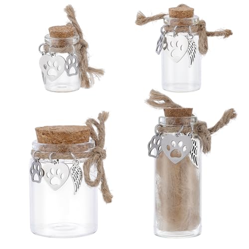 nbeads 4 STK. 3.4-6.5cm Tierhaare Miniflasche mit Korken, Mini-Glasflaschen mit Herz-Dekor Memorial Glasflasche für Tierhaare Erinnerung Sympathie Geschenk Glas Vial für Asche Fell Urne von nbeads