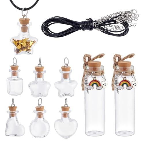 nbeads 8 Stück Tierhaare Miniflasche mit Korken, 3.3-7.8cm Transparente Leere Flaschen mit Regenbogen Charms und 6 Stück Gewachste Baumwollschnur für Haustier Katze Fell Lagerung von nbeads