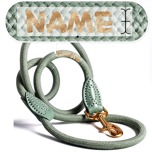 Personalisierte Hundeleine 1,2 m oder 1,7 m Länge (leicht dehnbar) extrem hochwertig verarbeitet | Tauleine für Hunde | Führleine mit Namen (SALBEIGRÜN, 120 cm) von ne&no