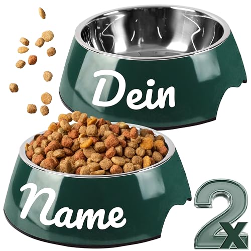 ne&no® Futternapf 2er Set für Hunde und Katzen (L - PERSONALISIERT, Forrest Green) von ne&no