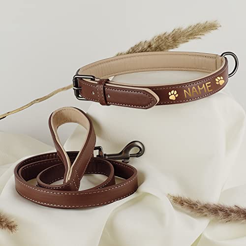 ne&no® Halsband und Leine Set (veganes Leder) PERSONALISIERT | Hundeleine mit Halsband I robuste Hundeleine mit Karabiner I 1.2m Dog Leash I biegsam und extra weich (M, braun/beige) von ne&no