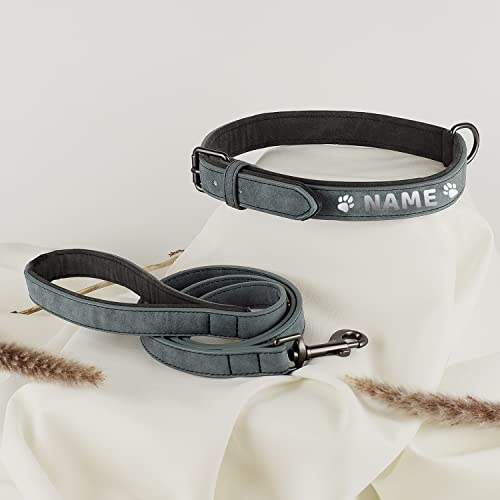 ne&no® Halsband und Leine Set PERSONALISIERT (veganes Leder) Hundeleine mit Halsband I robuste Hundeleine mit Karabiner I 1.2m Dog Leash I biegsam und extra weich (XS, blau/anthrazit) von ne&no