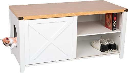 needs&wants® Katzenschrank groß für Katzentoilette XXL aus Holz mit Schuhschrank Sitzkommode, Katzenklo-Schrank Kommode, Design Katzenhaus Toilette Klo, 110 x 50 x 53 cm, weiß braun von needs&wants