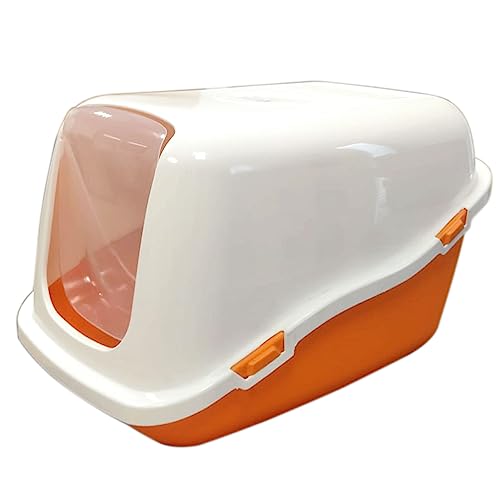 Große geschlossene überdachte Katzentoilette mit Schwingtür für Katzen - abnehmbarer Deckel und transparenter Klappdeckel, robustes Kunststoffmaterial 57 x 40 x 37 cm (M) (Orange) von nestQ