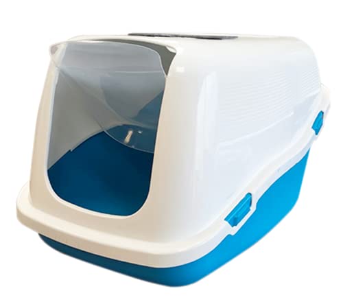 NESTQ - Katzentoilette - Hoch überdachter großer geschlossener Sandkasten mit Schwingtür für Katzen - Abnehmbarer Deckel und transparenter Klappdeckel, robuster Kunststoff 57 x 40 x 37 cm (M) (Blau) von nestQ