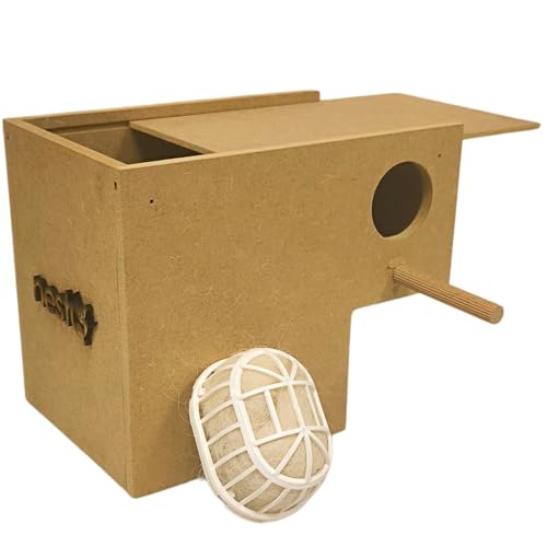 Gould Nest aus Holz für Exotiker, Diamanten, 20 cm (L) x 13 cm (B) x 13 cm (Basis) x 16 cm (H), mit Schälchen und Füllmaterial aus Ziegenhaar, Mandarine, Lätzchen, dreifarbig, Isabelit aus Japan von nestQ