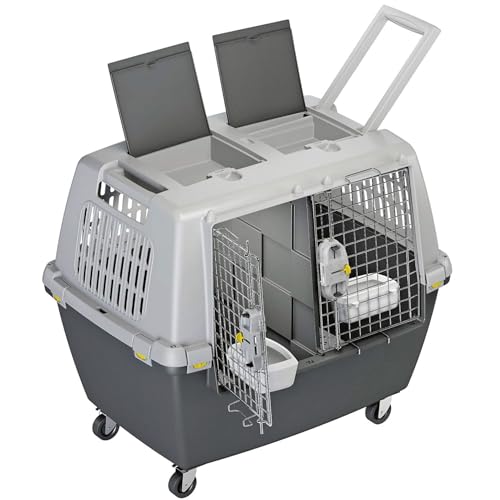 NESTQ - Harte Transportbox mit Rädern für große Hunde, tragbar, atmungsaktiv, aus Kunststoff mit Griffen - Robustes Material Maße 80 × 62 × 60 cm Farbe grau von nestQ