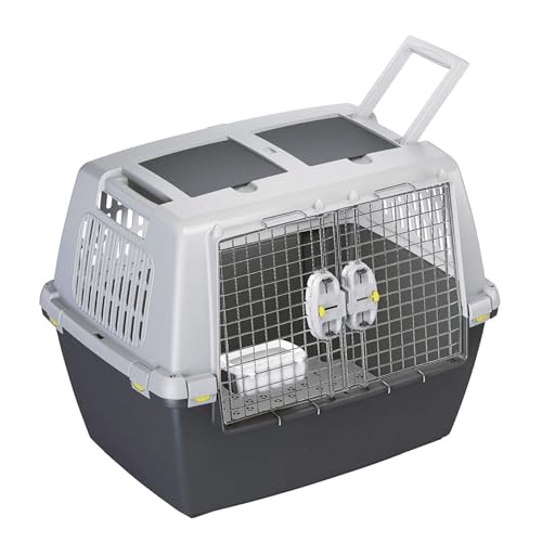 NESTQ Robuste Hundetransportbox für große Hunde, tragbar, atmungsaktiv, aus Kunststoff, mit Griffen, robustes Material, Maße 80 x 62 x 60 cm, Grau von nestQ