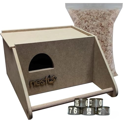 Unzertrennliches Nest für Agapornis, groß, mit Ringen von 2025 und Späne für das Bett, Holzzuchthaus innen für Vögel, mit Haken für den Vogelkäfig, 23 cm x 27 cm x 14 cm von nestQ
