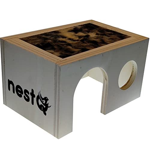nestQ Holz für russische Hamster, Kommunion, Sirio, Roborowski, Gerbil oder kleine Mäuse. Dach mit Leopardenfell-Imitation von nestQ