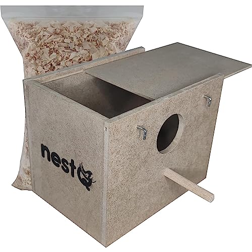 nestQ Nest für Wellensittiche mit Bett, Zuchthaus aus Holz für Vögel, mit Haken für Vogelkäfig, 19 cm x 15 cm x 13,5 cm von nestQ