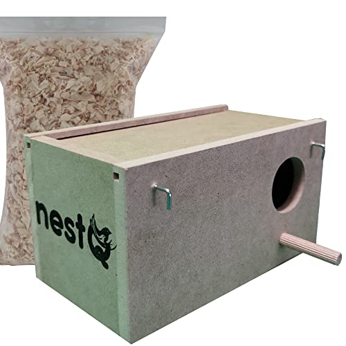nestQ Nistkasten für Wellensittiche: Holznistkasten mit Spänen als Nestfüllung, Brutkasten für Vögel für den Käfig - Ideal zur Zucht Ihrer Vögel - Abmessungen 20,5 cm x 11,5 cm x 11 cm von nestQ