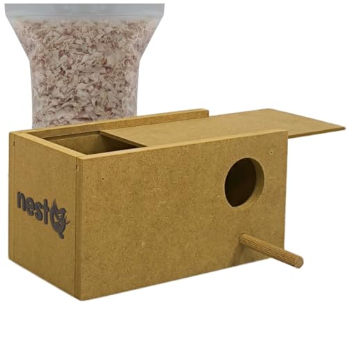 nestQ Nistkasten für Wellensittiche: Holznistkasten mit Spänen als Nestfüllung, Brutkasten für Vögel für den Käfig - Ideal zur Zucht Ihrer Vögel - Abmessungen 20,5 cm x 11,5 cm x 11 cm von nestQ