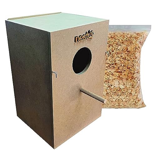 nestQ Nistkasten für Nymphen, 30 x 21,5 x 20,5 cm, Größe M, Zuchthaus aus Holz mit Spänen, großes Nymphensittich, Carolinas, Kakadus, Pyrhuras - Vogelhaus aus Holz - Vertikales Holznest von nestQ
