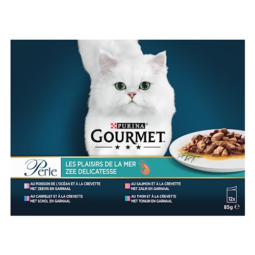 Gourmet Perle Sea Delikatesse Katzenfutter - Nassfutter mit Meeresfisch und Garnelen, mit Lachs und Garnelen, mit Scholle und Garnelen in Sauce 12x85g - 4er Karton (48 Portionsbeutel; 4,08kg) von nestec sa