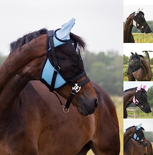 netproshop Fliegenmaske mit Abnehmbarem Nüsternschutz Fliegenhaube Größe Mini-XFull, Groesse:Shetty, Farbe:Schwarz/Hellblau von netproshop