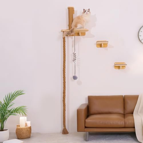 Katzen-Wandregale, großes Wandmontiertes 4-in-1-Katzenmöbel-Set (Kletterseil + Sisal-Kratzbaum + interaktiver Spielzeugball + 3 Wandstufen) für Indoor-Kätzchen von nets Tribe