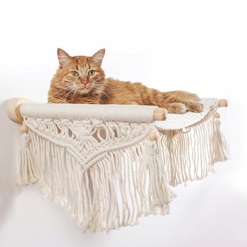Makramee-Katzen-Wandregal & Hängematte - Gemütliche Katzenbetten mit Fensterplatz für Indoor-Spaß, Schlafen & Klettern, hält bis zu 30 lb (Baumwollseil, Beige/Weiß - Baumwollseil) von nets Tribe