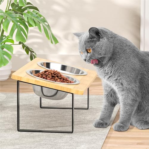 Erhöhte Katzennäpfe Futter doppelt: 15° geneigter Bambus-Futter- & Wasser-Futternapf - Großes Edelstahl-Futterspender Set für Katze & Welpe von niffgaff