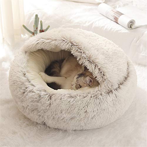 Fashionapple Flauschiges Katzenbett, rund, weiches Plüsch, Höhle mit Kapuze, Katzenbett, für den Winter, warm, Schlafkissen, rutschfest, maschinenwaschbar, für Katzen und Welpen,Kaffe,60 cm von Fashionapple