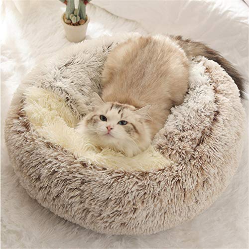 Flauschiges Katzenbett, rund, weiches Plüsch, Höhle mit Kapuze, Katzenbett, für den Winter, warm, Schlafkissen, rutschfest, maschinenwaschbar, für Katzen und Welpen-Kaffee-Plüsch von linlinfa