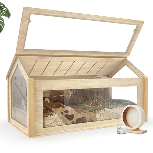 noviclass® Hamsterkäfig Glas Theodore - Hamstervilla aus Lindenholz und Acrylglas - 100 x 55 x 50cm - Inkl. Hamsterrad - Nagarium- - Ausreichende Belüftung - Klappbarer Deckel von noviclass