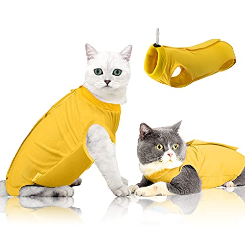 oUUoNNo Cat Wound Surgery Recovery Suit for Abdominal Wounds or Skin Diseases, After Surgery Wear, Pajama Suit, E-Collar Alternative for Cats and Dogs (L, Yellow) von oUUoNNo