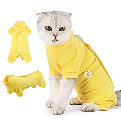 oUUoNNo Katzen-Genesungsanzug für Bauchwunden oder Hautkrankheiten, E-Halsband-Alternative für Katzen, nach Operationen, Pyjamaanzug, langärmelig (XS, Gelb) von oUUoNNo