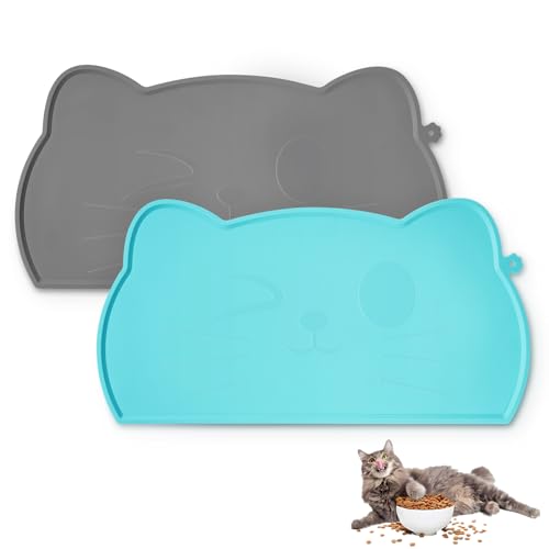 OHGO 2 Stück verbesserte Silikon-Futtermatte für Futter- und Wassernäpfe, wasserdichte Haustierfuttermatte für Katzen, Hellblau/Seniorengrau von ohgo