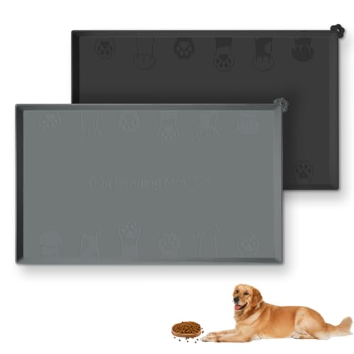 OHGO 2 x verbesserte Silikon-Hundefuttermatten, wasserdichte Futtermatte für Hunde mit extra hohen erhöhten Kanten, Schwarz / Grau / Grau von ohgo