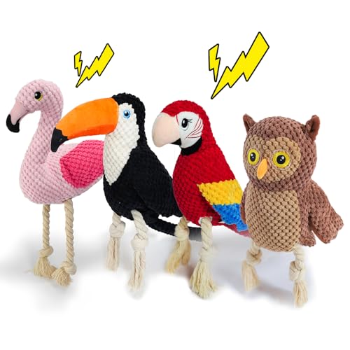 4 x langlebiges, quietschendes Hundespielzeug für kleine bis große Hunde, interaktiver Knoten, Vogelkau-Seil, Plüsch-Hundespielzeug-Set, Flamingo, Papagei, Tukan, Eule zum Zahnen, Angstlinderung 4 x langlebiges, quietschendes Hundespielzeug für kleine bis große Hunde, interaktiver Knoten, Vogelkau-Seil, Plüsch-Hundespielzeug-Set, Flamingo, Papagei, Tukan, Eule zum Zahnen, Angstlinderung von okegztoa