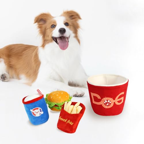 Quietschendes Hundespielzeug, Fast-Food-Design, Kauspielzeug, Plüsch-Haustierspielzeug-Set: Versteck-Leckerli-Eimer, Huhn, Hamburg, Pommes, Burger, Cola, Hot Dog, interaktives Hundespielzeug für große Quietschendes Hundespielzeug, Fast-Food-Design, Kauspielzeug, Plüsch-Haustierspielzeug-Set: Versteck-Leckerli-Eimer, Huhn, Hamburg, Pommes, Burger, Cola, Hot Dog, interaktives Hundespielzeug für große von okegztoa