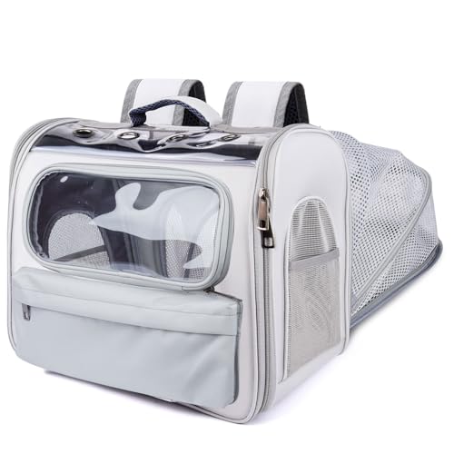 Onebarleycorn Erweiterbar Katzenrucksack für Katzen und Kleine Hunde, Katzen Rucksack Transportrucksack Katze Rucksack Transport Cat Backpack bis 2-10kg mit Fenster, Atmungsaktive, Faltbare, Grau von onebarleycorn