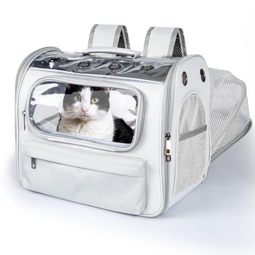 Onebarleycorn Erweiterbar Katzenrucksack für Katzen und Kleine Hunde, Katzen Rucksack Transportrucksack Katze Rucksack Transport Cat Backpack bis 2-8kg mit Fenster, Atmungsaktive, Faltbare, Grau von onebarleycorn