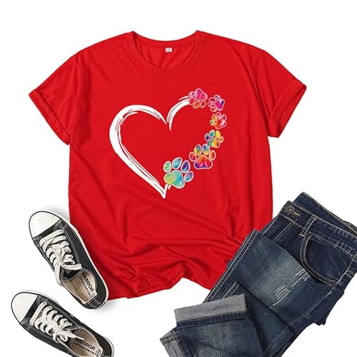 Bunte Hundefüße mit Herz bedrucktes T-Shirt Damen Sommer Rundhalsausschnitt Kurzarm Casual T-Shirts Bunte Hundefüße mit Herz bedrucktes T-Shirt Damen Sommer Rundhalsausschnitt Kurzarm Casual T-Shirts von oneforus