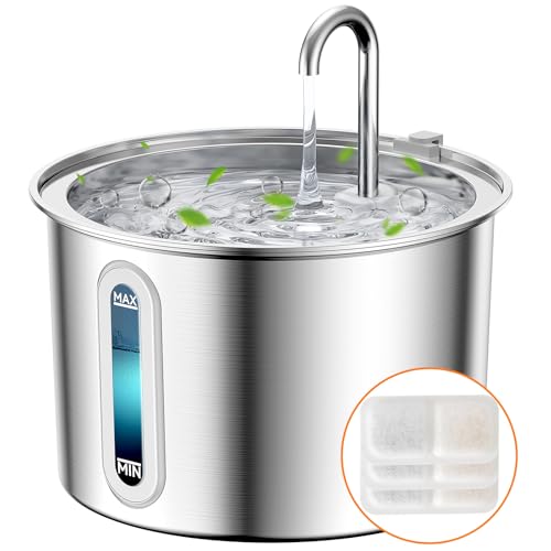 oneisall Katzen-Wasserbrunnen zum Trinken, 2 l Edelstahl-Katzenbrunnen-Wasserhahn-Design, ultra-leiser Haustier-Wasserbrunnen mit 3 Filtern, sichtbarer Wasserstand, Haustier-Wasserbrunnen von oneisall