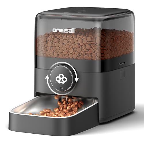 oneisall Futterautomat Katze, 3L Katzenfutter Automat mit 304 Edelstahlnapf, 1-6 Mahlzeiten pro Tag, Trockenfutterspender für Katzen/Hunde, mit Programmierbarem Timer von oneisall