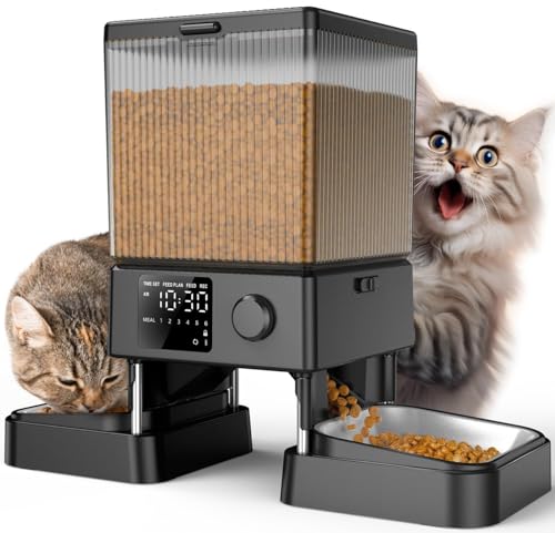 oneisall 5L Futterautomat Katze 2 Näpfe, Katzenfutter Automat mit einem Knopf, Einfache Bedienung, Futterspender für Katzen/Hunde, mit Edelstahlschüssel, Voice Recorder, für kleine/mittlere Haustiere von oneisall