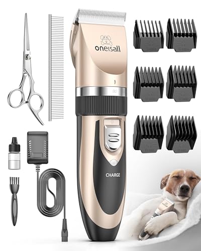 oneisall Leise Hundeschermaschine Profi Schermaschine Hund Katze Tierhaarschneidemaschine Elektrische Hundetrimmer Schnurlosen Haarschneidemaschine (Gold) von oneisall