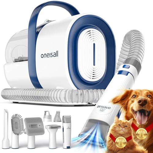 oneisall Hundeschermaschine mit Staubsauger, Super Saugkraft mit 12000 Pa Saugt 99.99% der Tierhaare, Leise Schermaschine Hund Katze Hundehaarschneidemaschine mit 7 Pflegewerkzeugen von oneisall